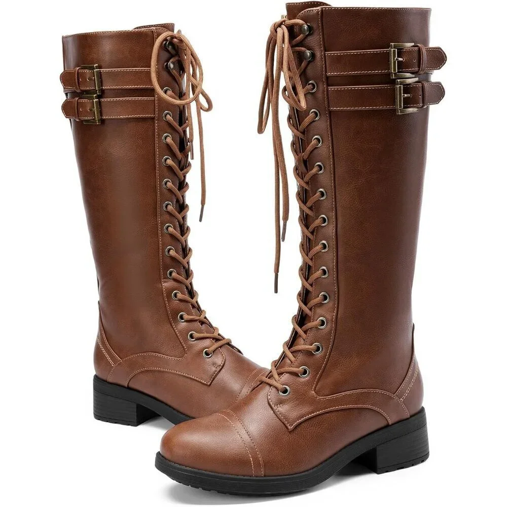 Women's Polyurethane Pu Light Brown Double buckle Knee High Riding Combat Boot